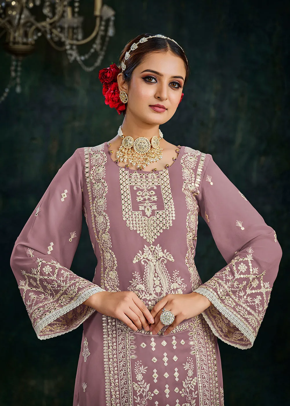 Ethereal Mauve Foil Mirror Embroidered Palazzo Salwar Suit