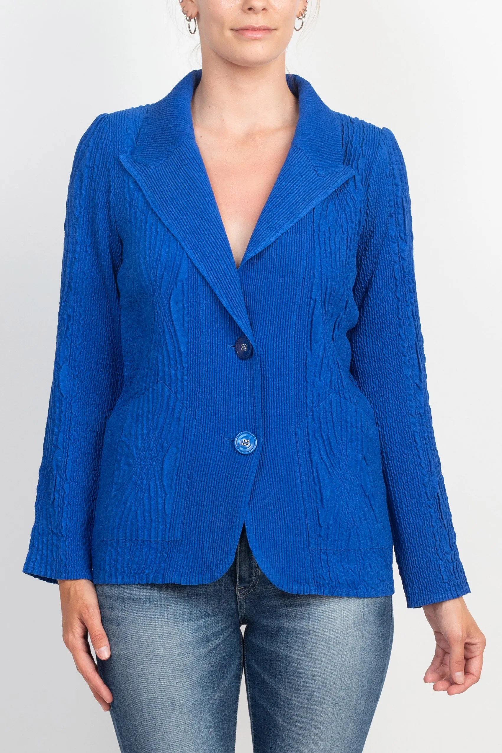 Flair Notched Collar Long Sleeve 2 Button Closure Solid Textured Jacket