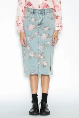 Floral Patterned Denim Midi Skirt