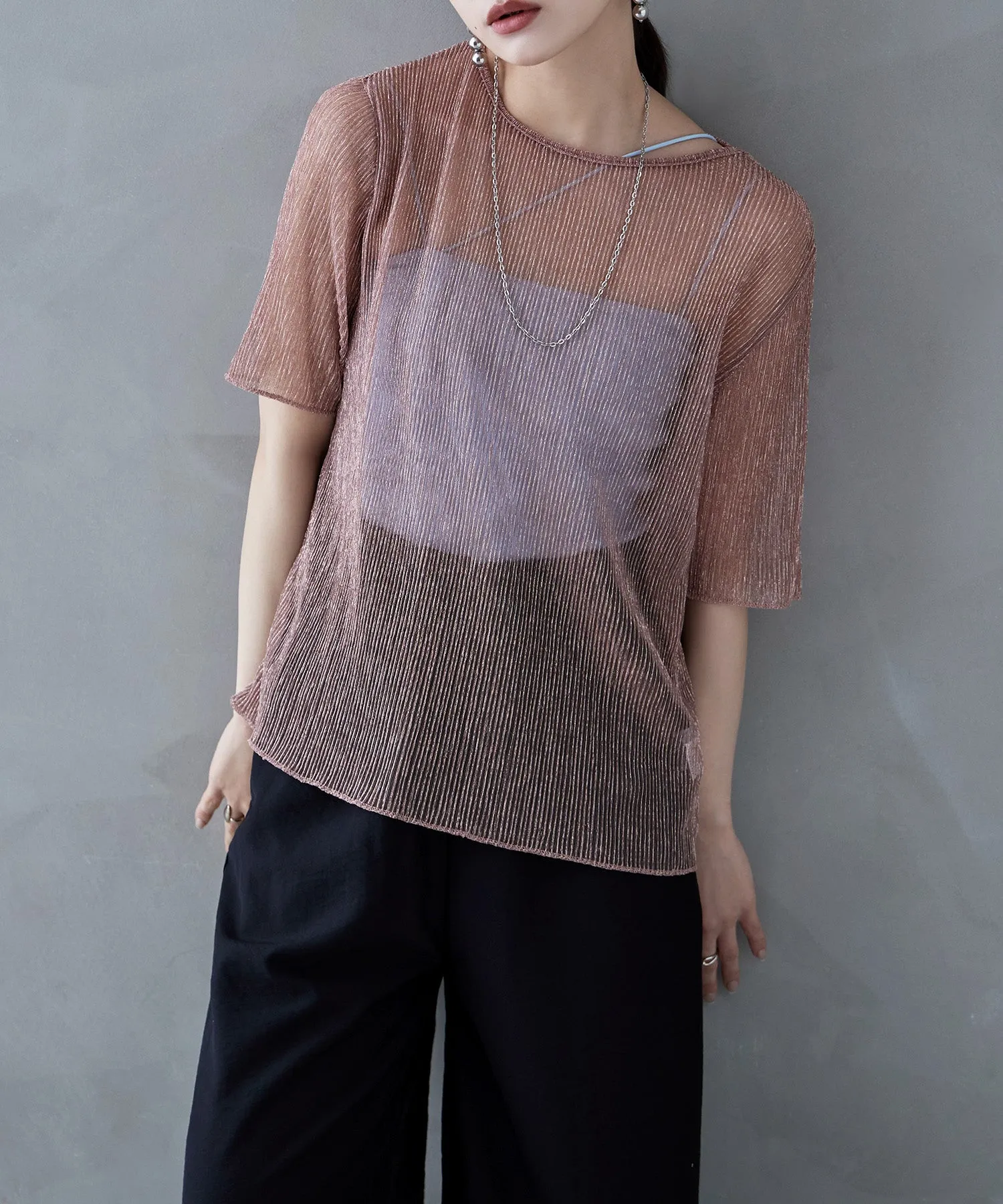 Lame sheer pleats tops