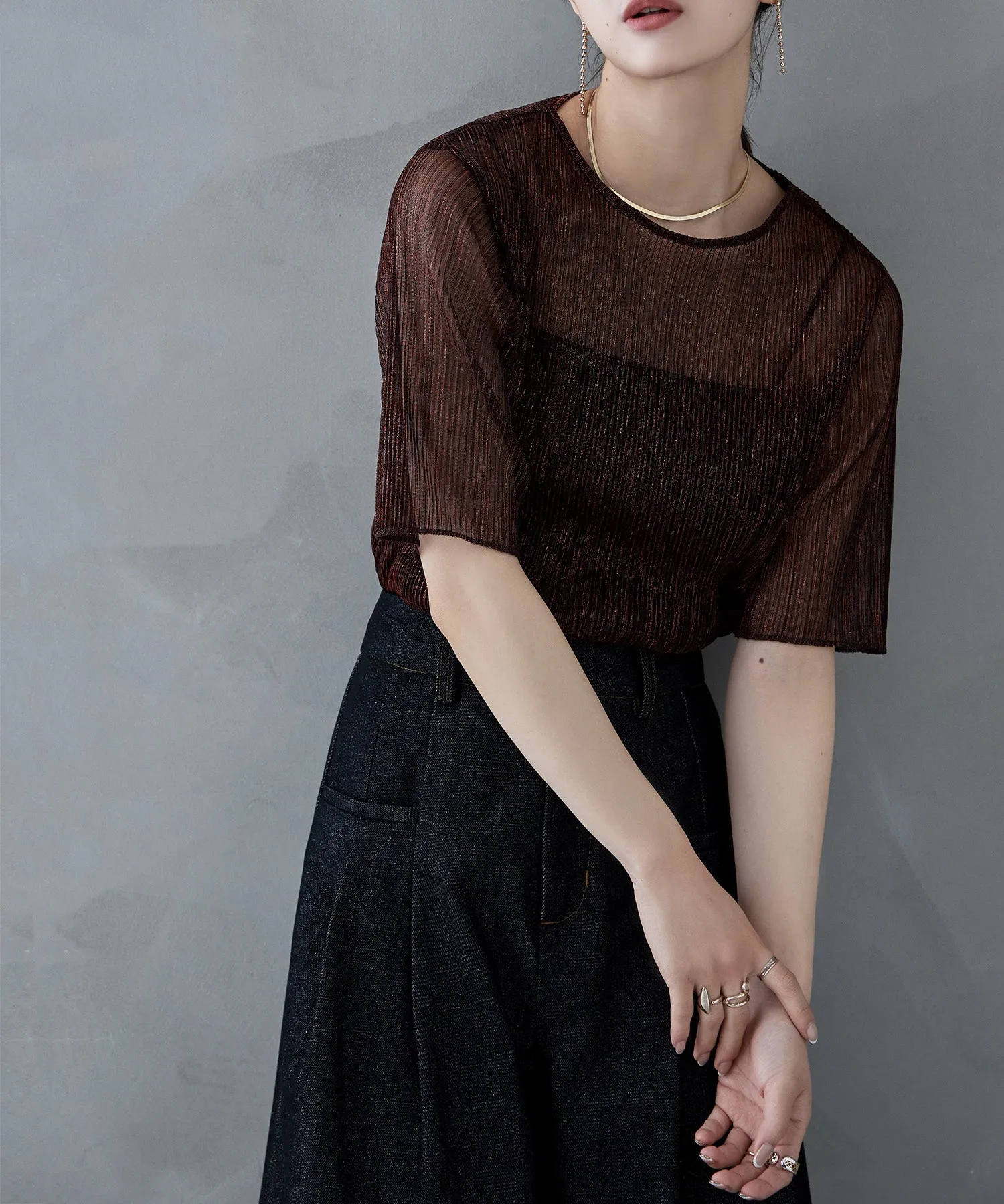 Lame sheer pleats tops
