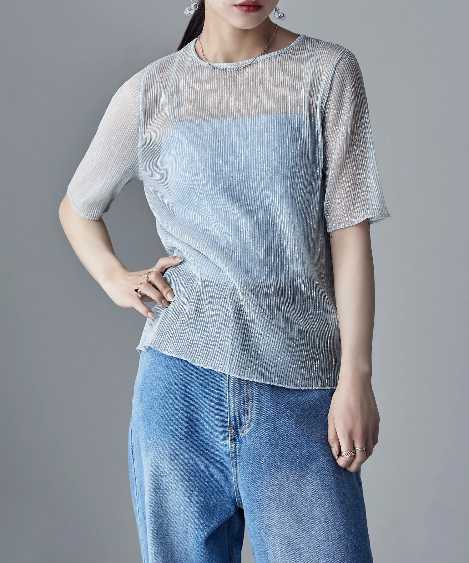 Lame sheer pleats tops