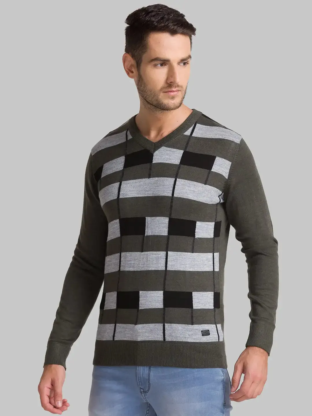Men Green Intarsia Acrylic Blend Full Sleeve Sweaters