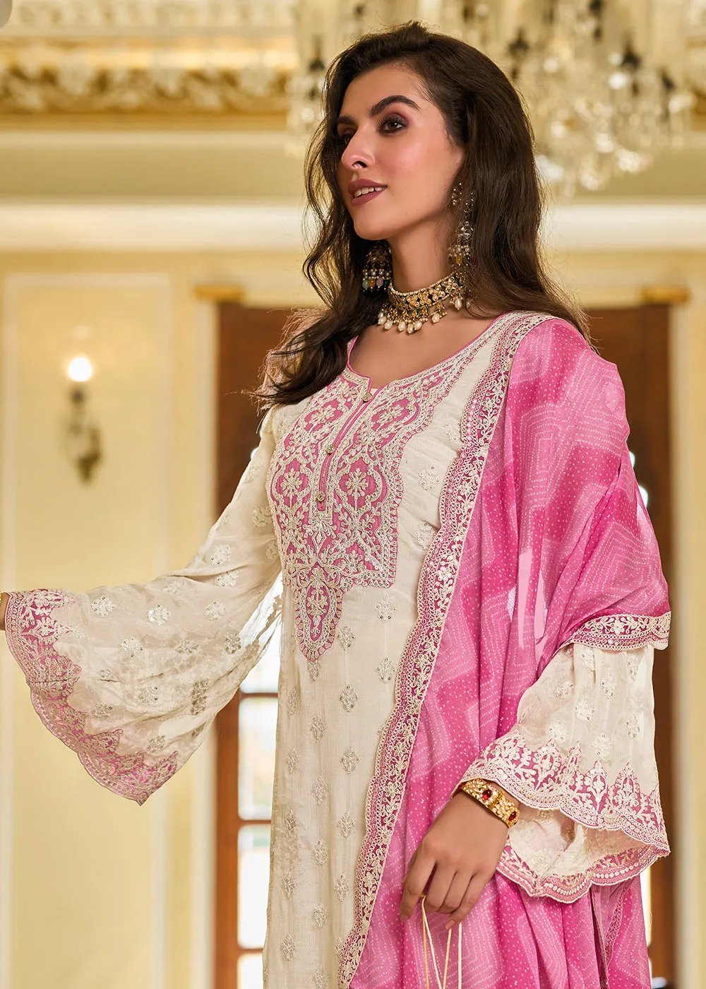 Off White & Pink Palazzo Style Chinnon Salwar Suit