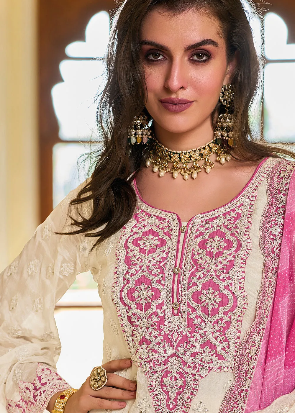 Off White & Pink Palazzo Style Chinnon Salwar Suit