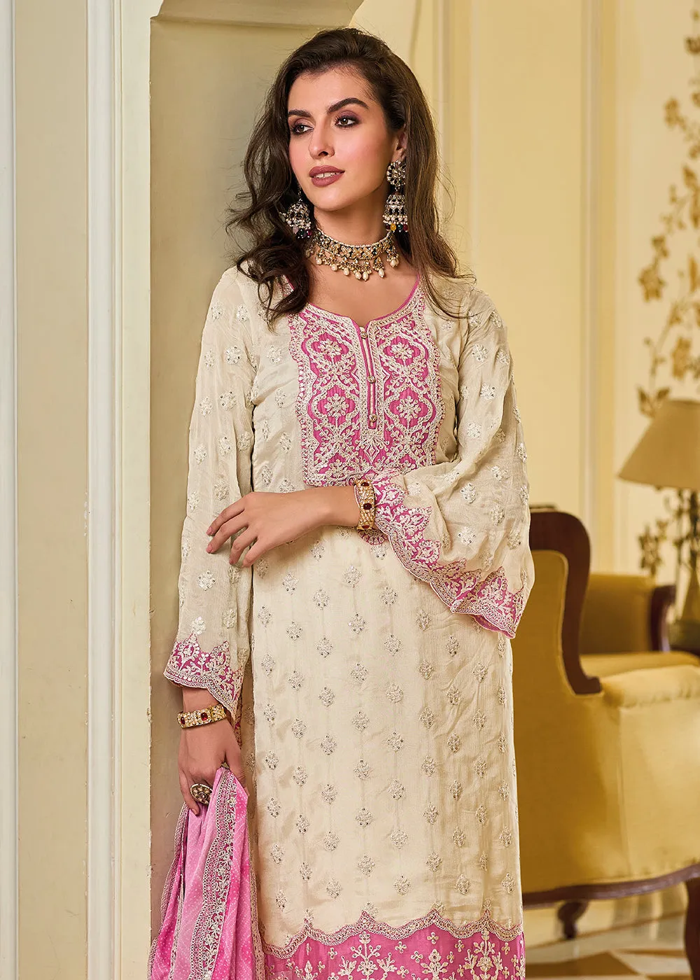 Off White & Pink Palazzo Style Chinnon Salwar Suit