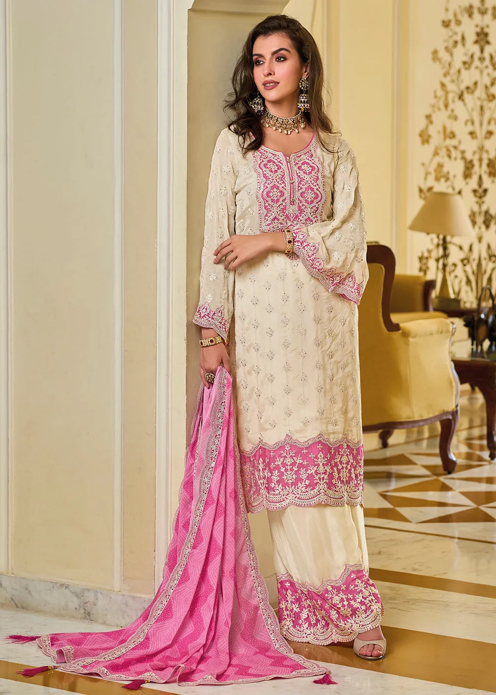 Off White & Pink Palazzo Style Chinnon Salwar Suit