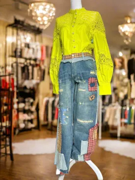 Patch Denim Detail Pants - Premium Clothing