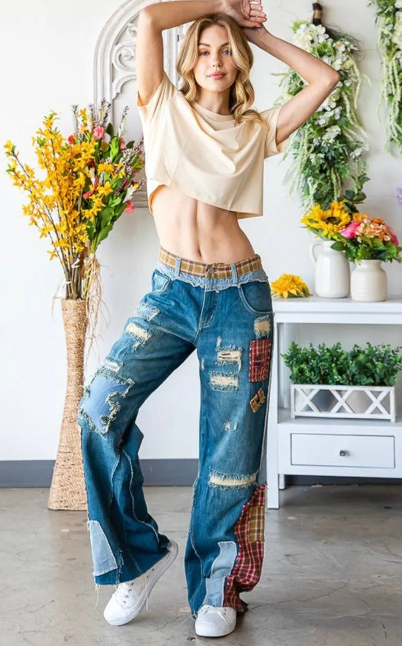 Patch Denim Detail Pants - Premium Clothing