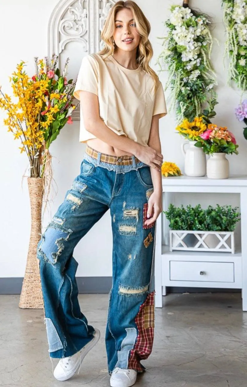 Patch Denim Detail Pants - Premium Clothing
