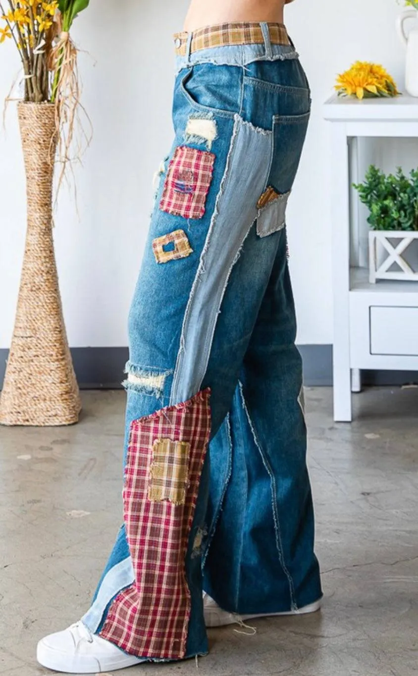 Patch Denim Detail Pants - Premium Clothing