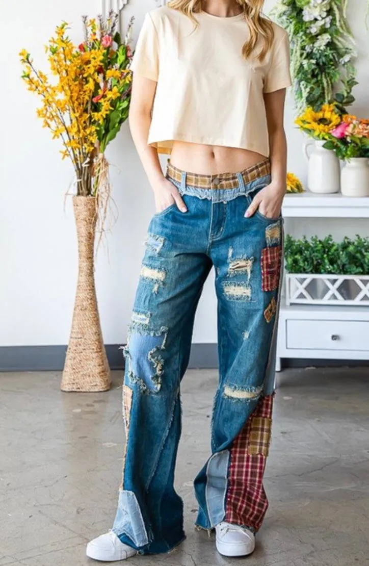 Patch Denim Detail Pants - Premium Clothing