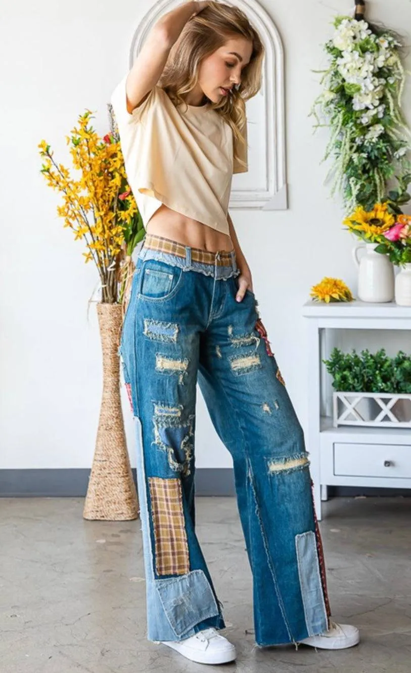 Patch Denim Detail Pants - Premium Clothing