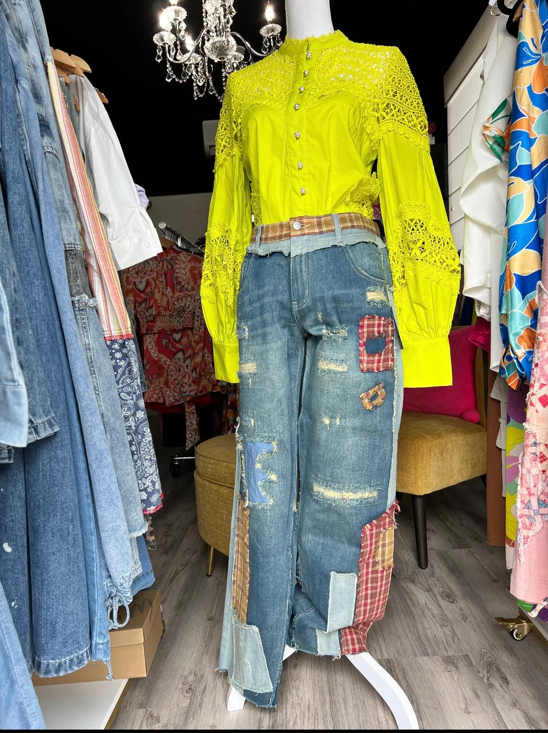 Patch Denim Detail Pants - Premium Clothing