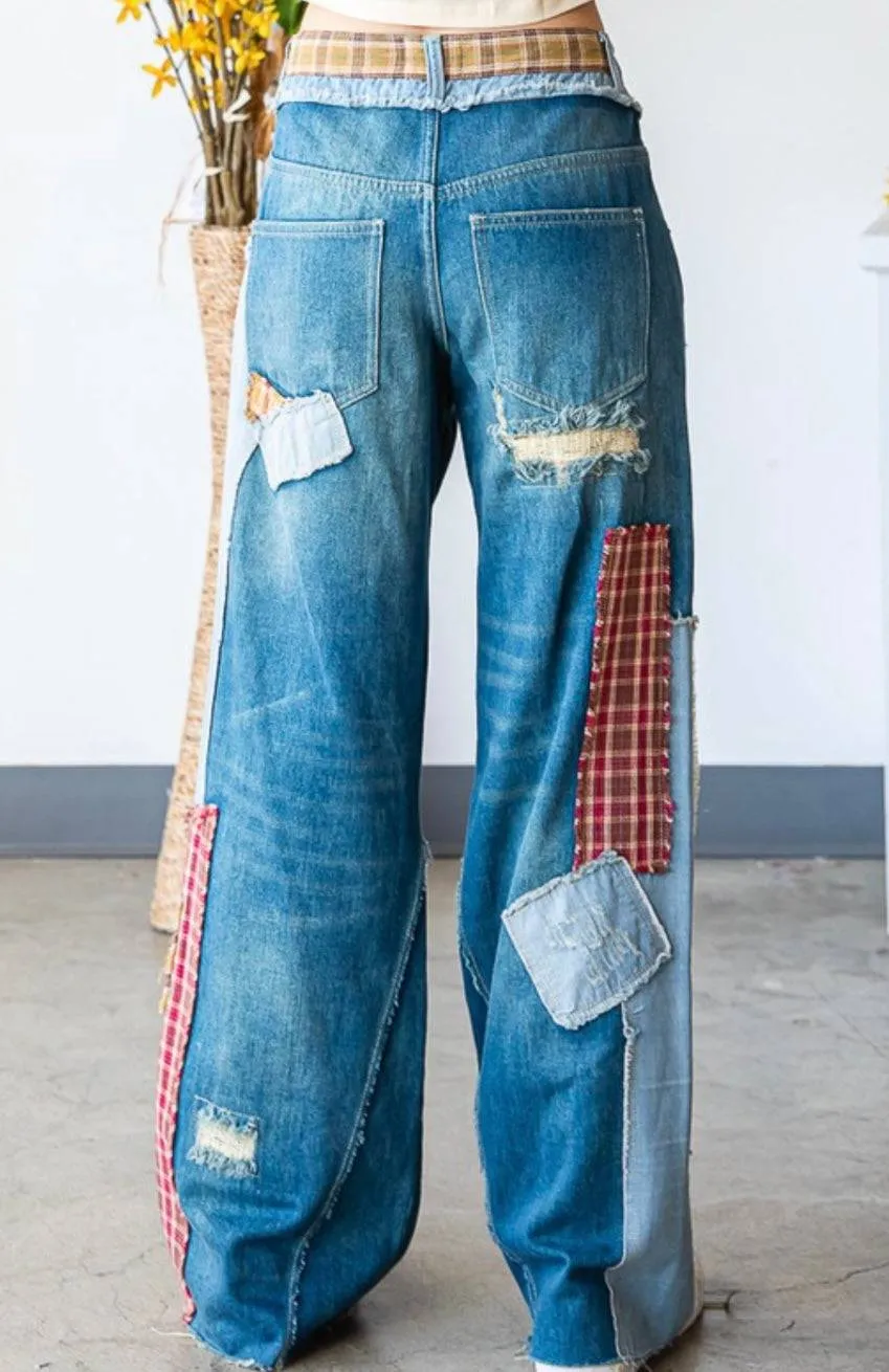 Patch Denim Detail Pants - Premium Clothing