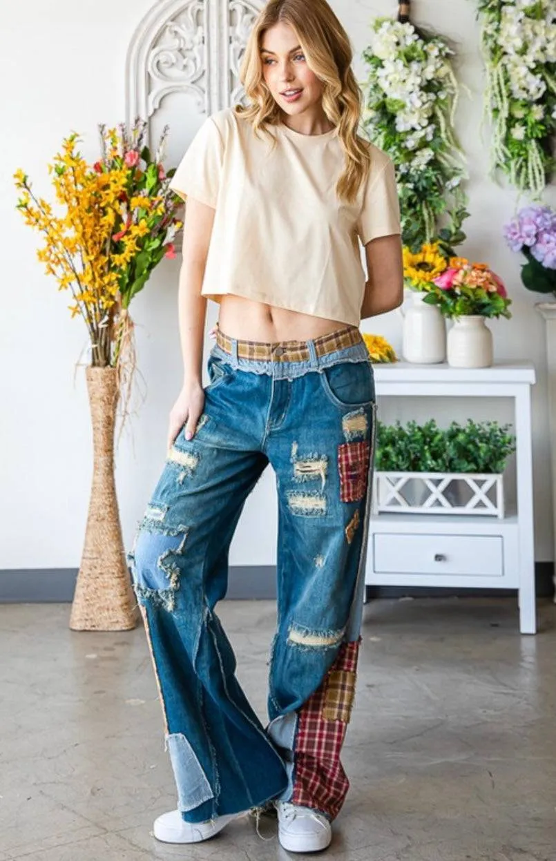Patch Denim Detail Pants - Premium Clothing