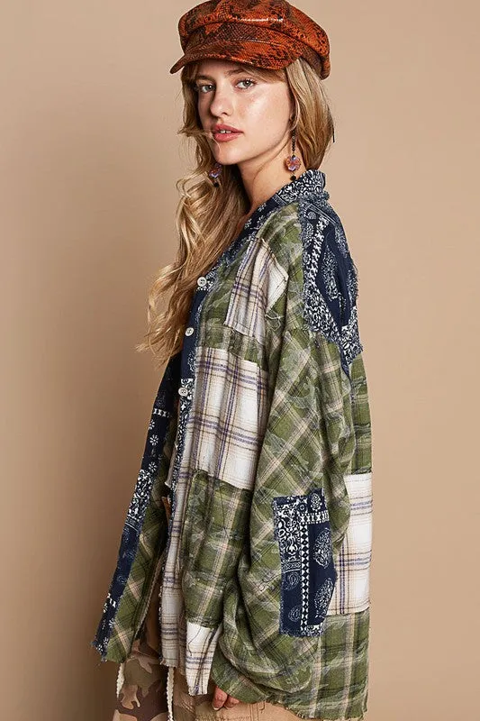 POL Clothing Patchwork Plaid Button Up Womens Shirt