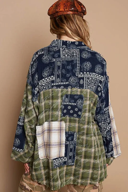 POL Clothing Patchwork Plaid Button Up Womens Shirt