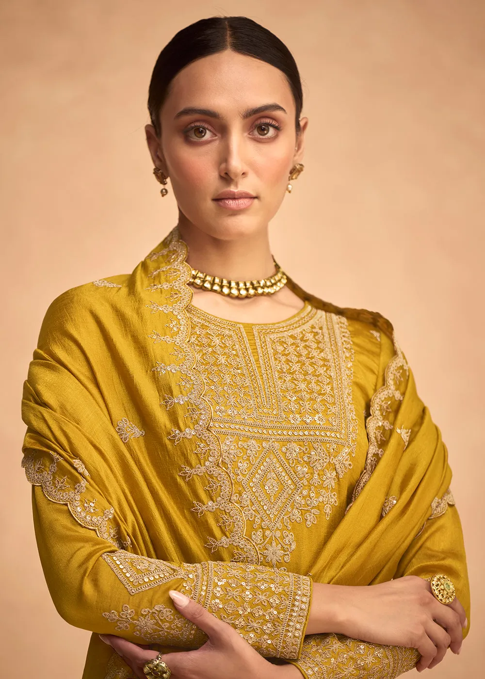 Pretty Yellow Premium Silk Embroidered Indian Palazzo Suit