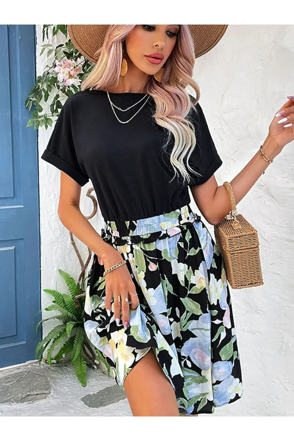 Two-Tone Round Neck Cuffed Sleeve Dress