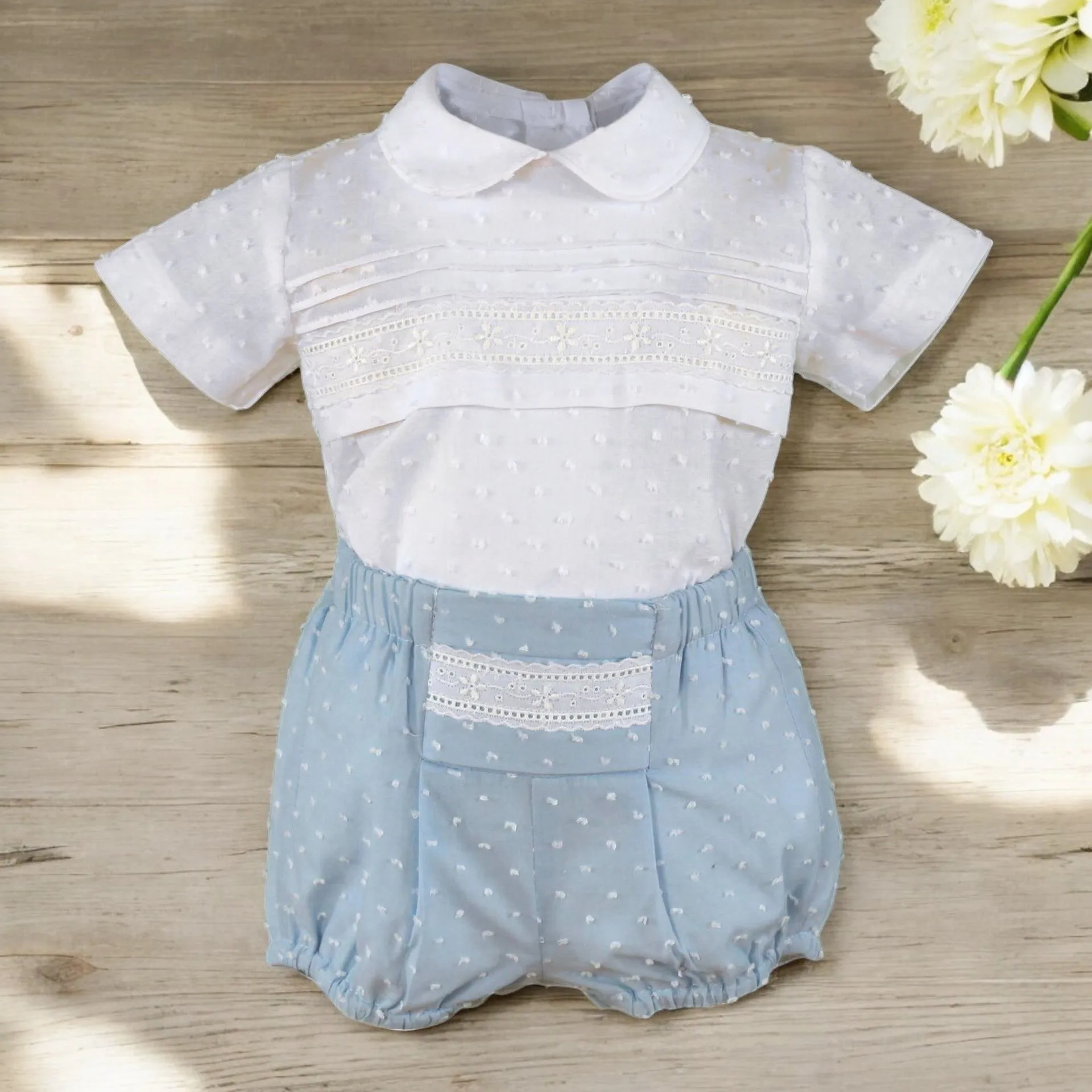 White & Blue Plumentis Shirt & Shorts Set
